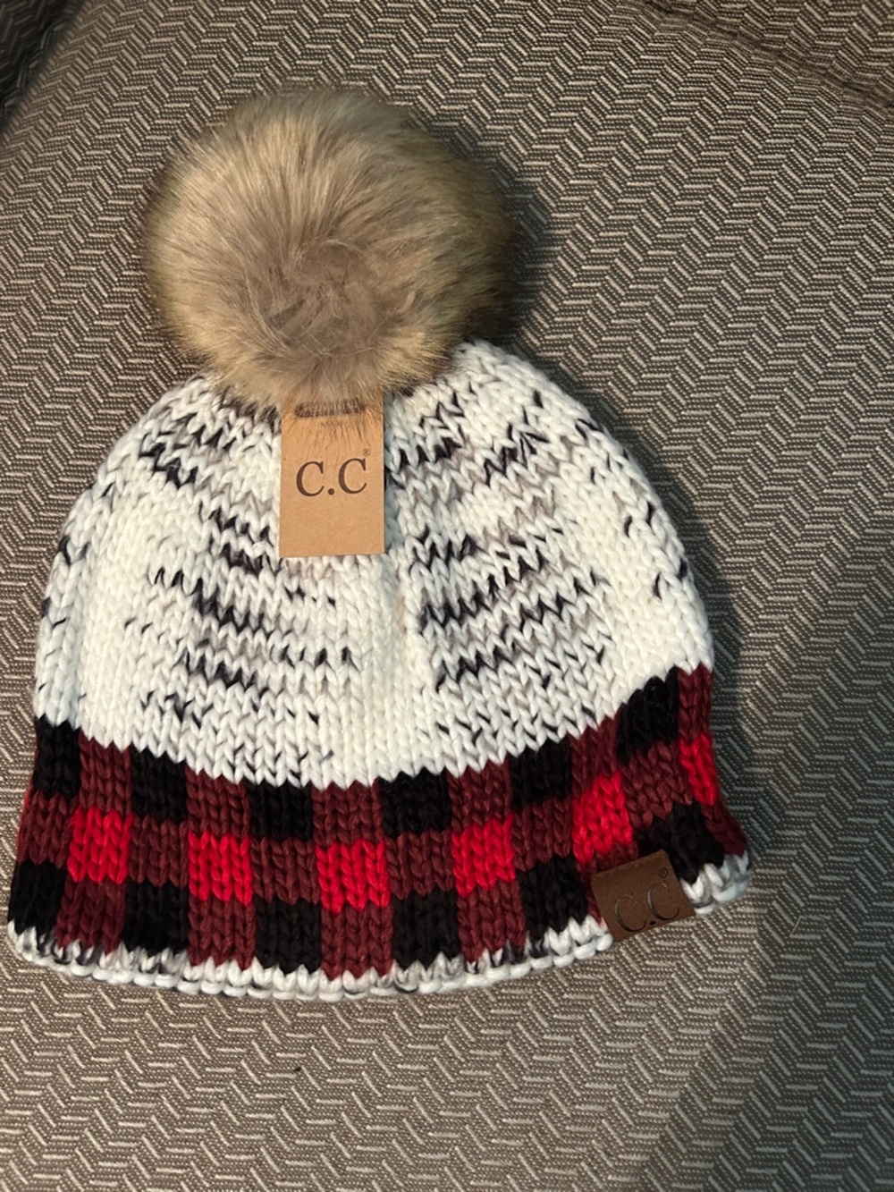 C.C Pom Beanie in White with Red and Black Buffalo Plaid